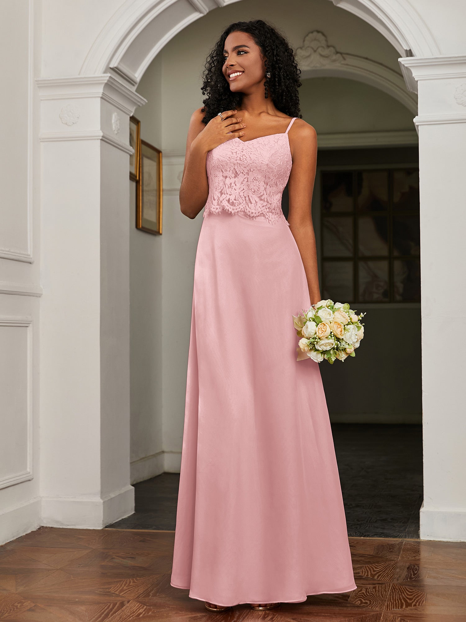 Lace Appliqued  Backless Chiffon A-Line Dress Dusty Rose